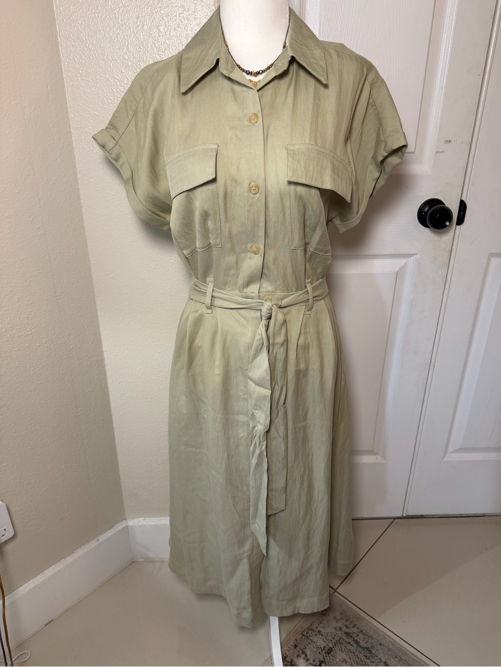 a new day Sage Button-Front Midi Shirt Dress with Tie Belt